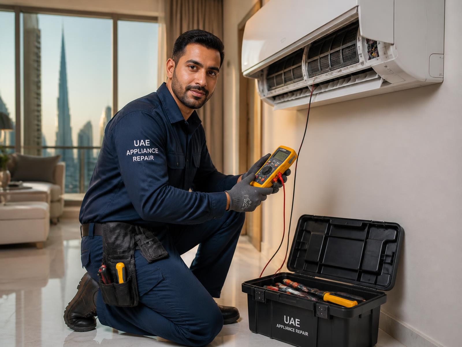 Technician from Rukn Al Nabaah testing a split air conditioner in a Sharjah apartment