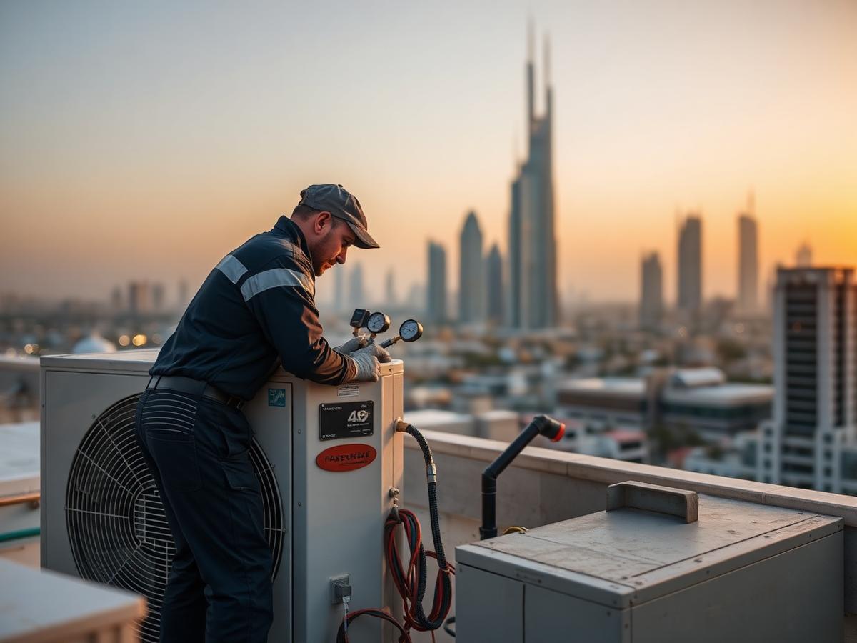 Technician servicing a split AC outdoor condenser unit at sunset