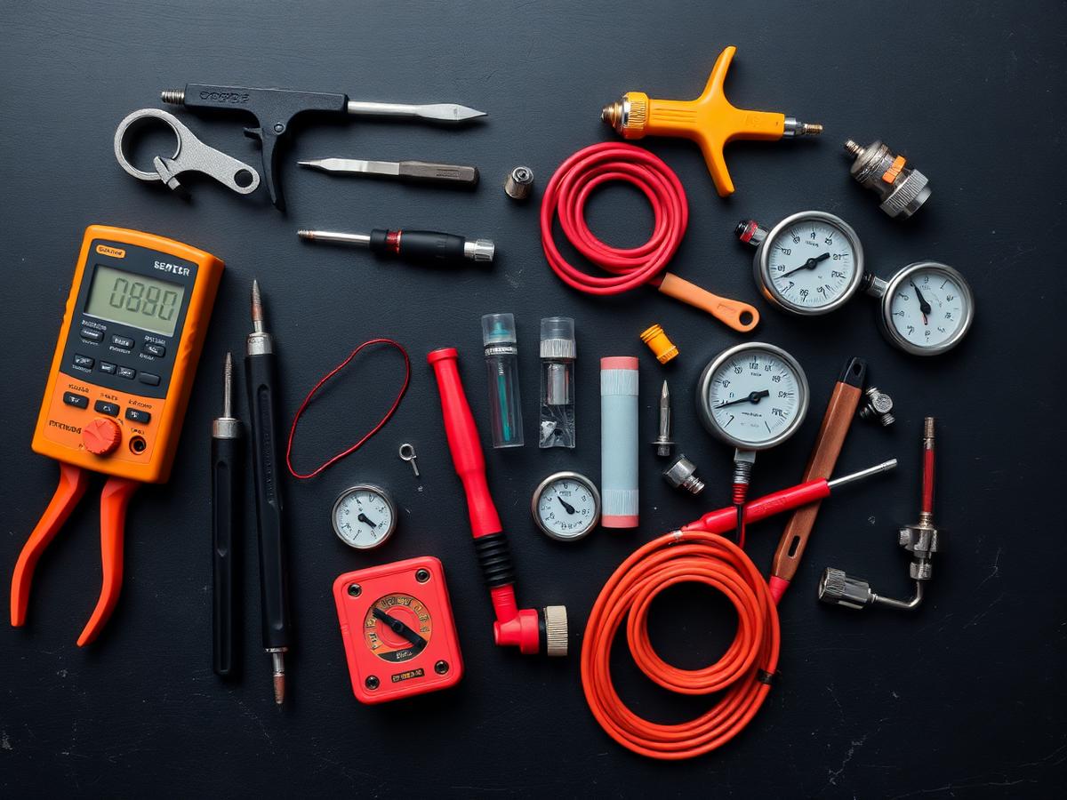 Appliance repair tools including a multimeter and refrigerant gauges laid out on a dark surface