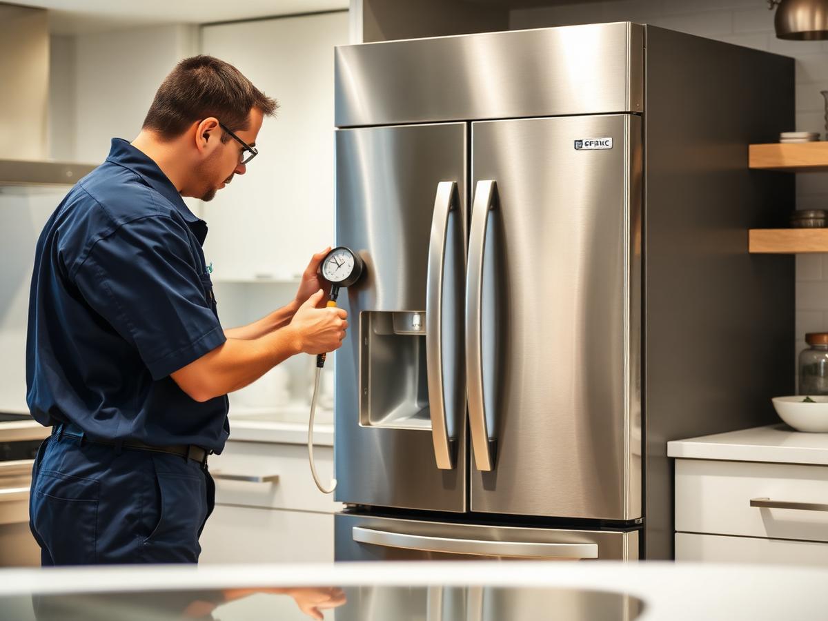 Technician checking the cooling system of a stainless steel refrigerator
