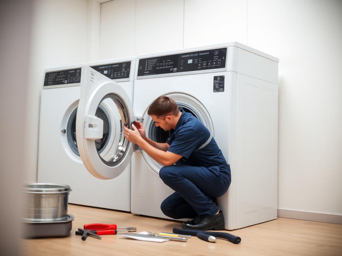 Technician repairing a front load washing machine in a laundry room